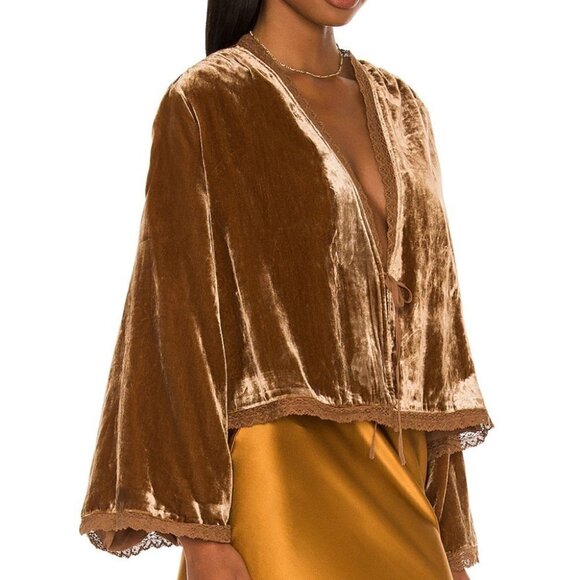 Free People Brown Velvet Bed tie front Lace trim bell sleeves Jacket  size XS - Picture 5 of 14